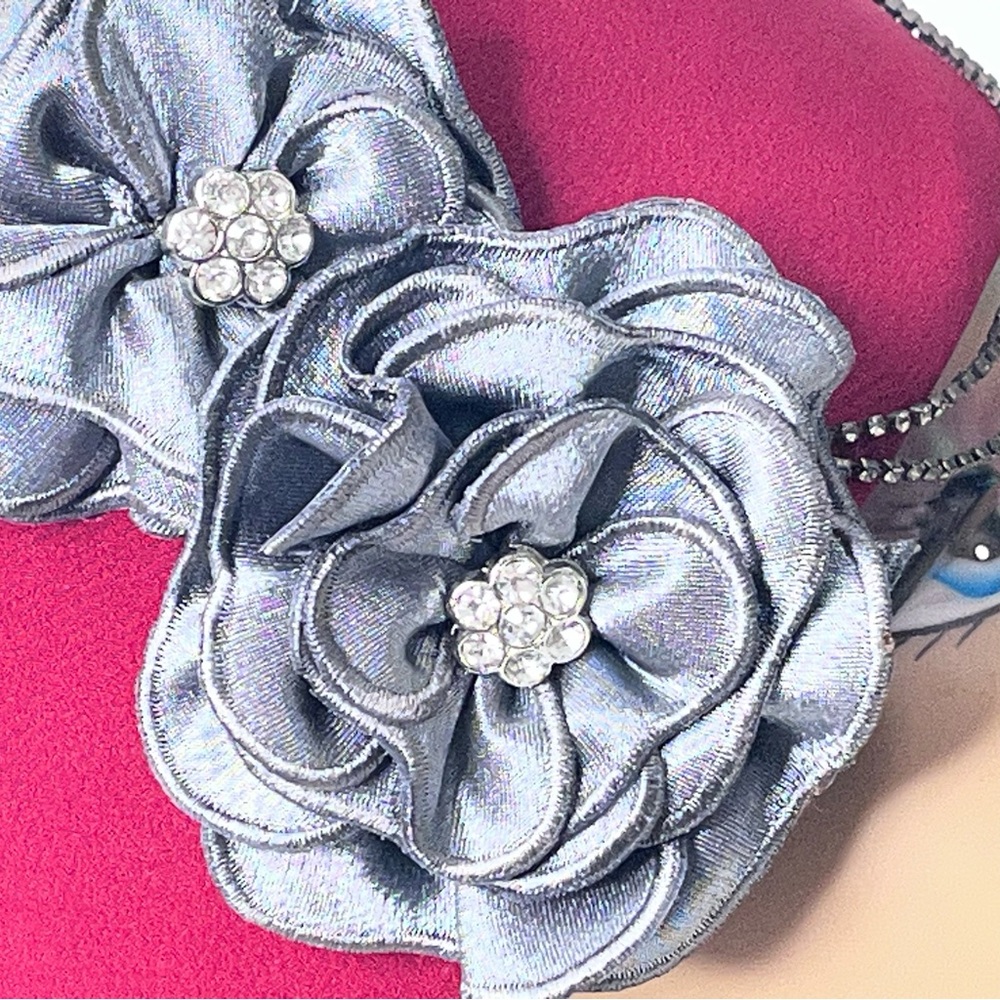 Lisa Rene Red Felt Satin Flower Chain Rhinestone Pillbox-Style Hat - Picture 11 of 15